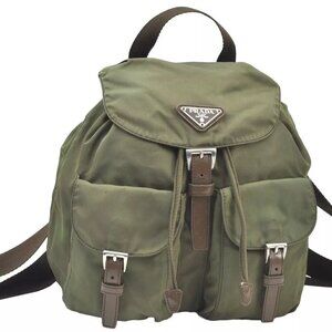 Authentic PRADA Vintage Nylon Leather Backpack Purse Khaki Green 7331H